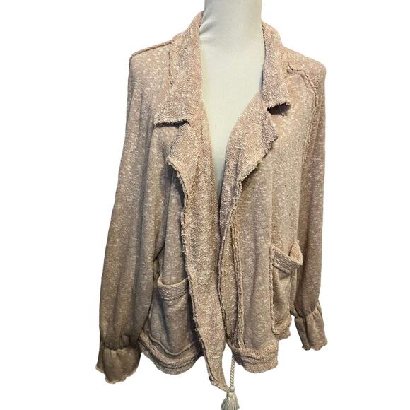 FP Beach Free People Mara Cardi •M• Terry Taupe Pink Puff Sleeve Tassel Jacket - Picture 5 of 15